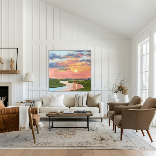 Glassy Waters on the Marsh – Square Coastal Lowcountry Sunset Giclée Canvas Art Print