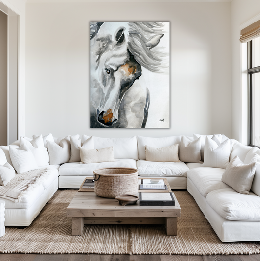 White Horse Tossing His Head – Giclée Canvas Print of Original Watercolor Horse Art
