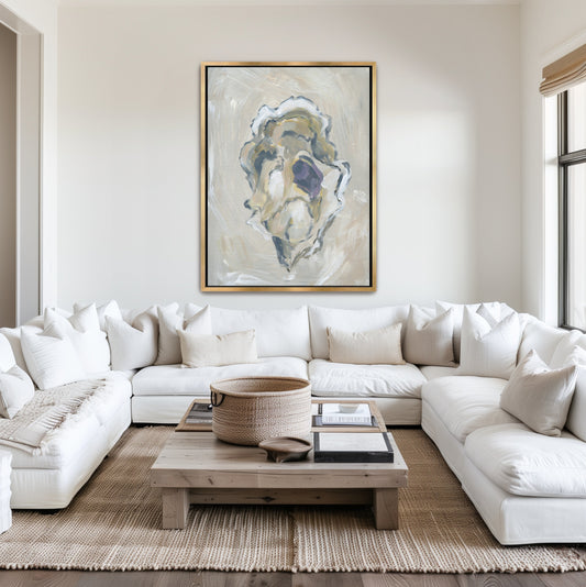 The final piece of the Beige Oyster triptych by April Moffatt, styled in a gold frame within a bright, airy Lowcountry dining room.