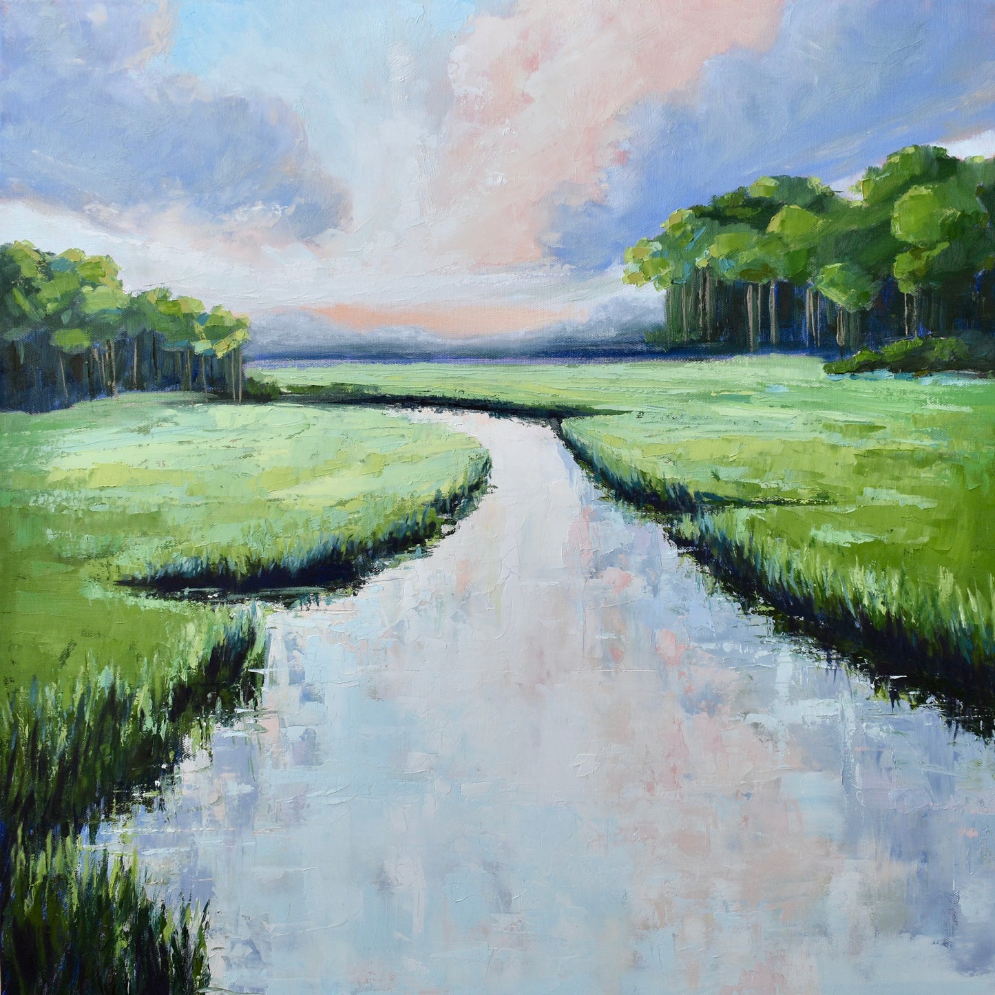 Original Oil Painting - Periwinkle Reflections near Folly Beach 24" X 24"