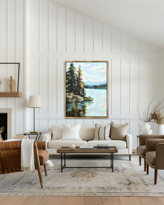 Lake Life Canvas Wall Art show in a modern mountain retreat living room