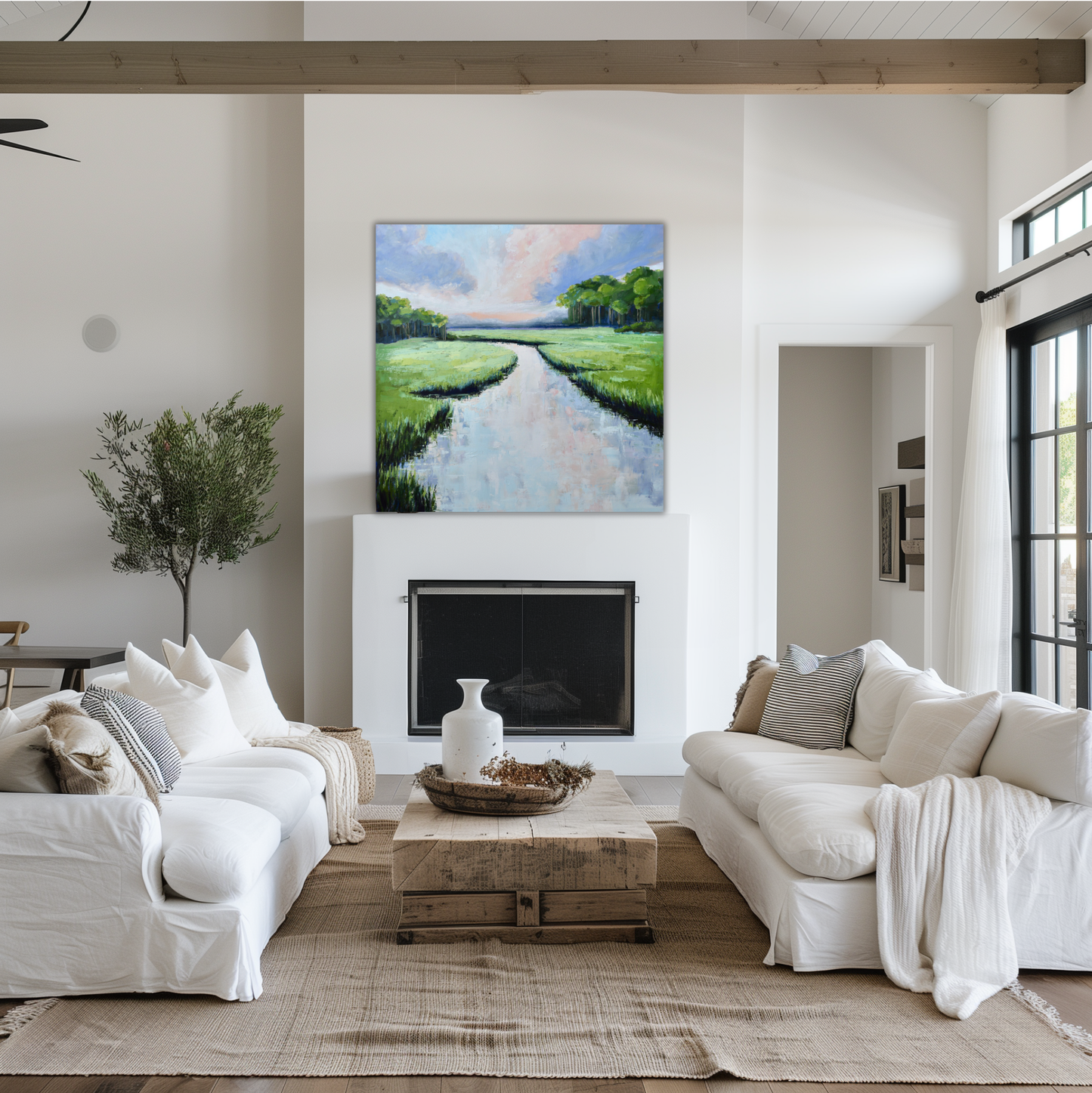 Periwinkle Reflection - Square Coastal Marsh Giclée Canvas Art Print by April Moffatt