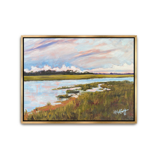 Square coastal landscape 'Skull Creek' in a designer gold frame, featuring a sunset palette of soft pink, pale blue, olive green, and warm ocher reflections over the Hilton Head marsh.