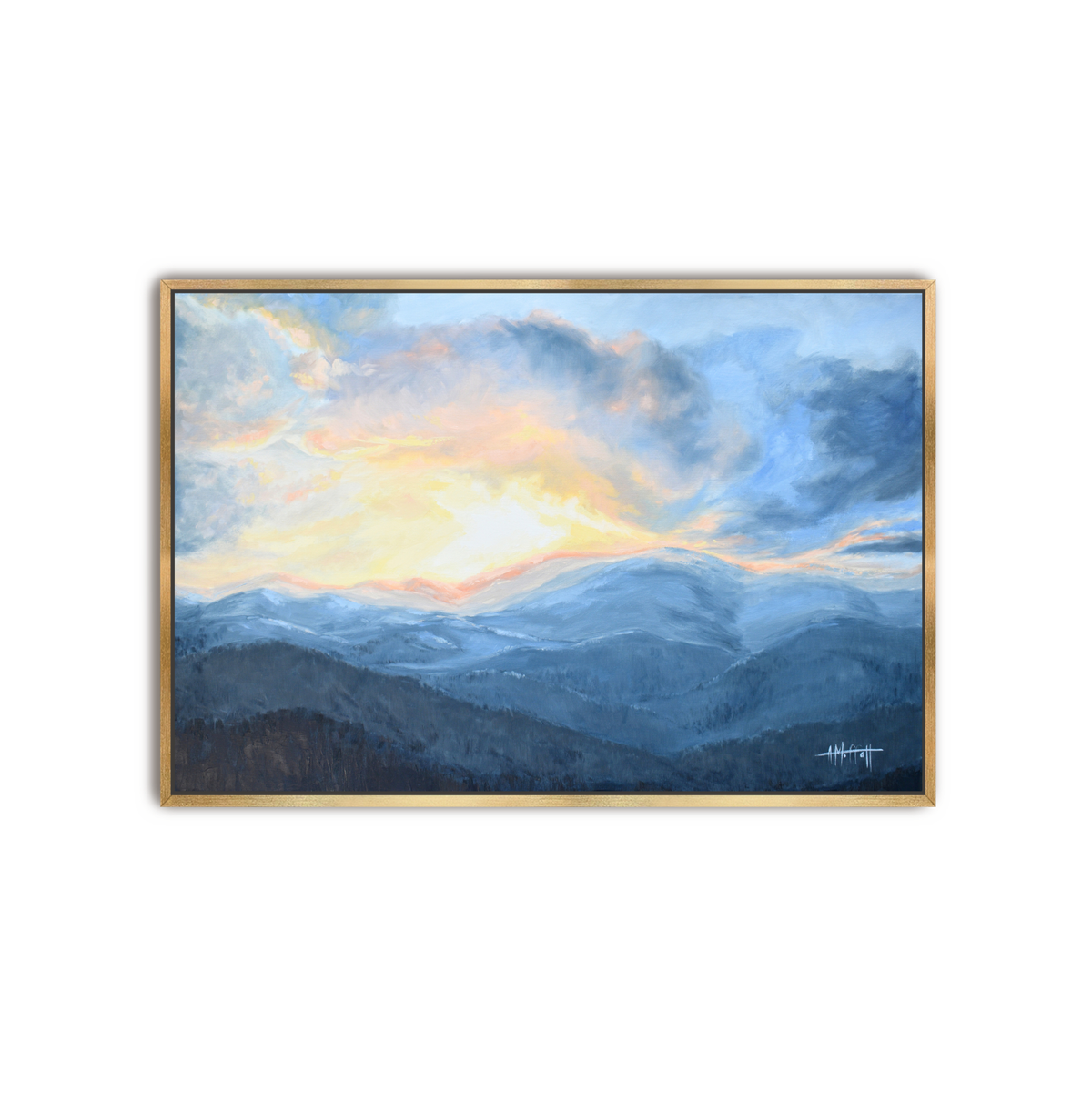 Sunset Over the Blue Ridge Mountains fine art canvas print in a custom gold floater frame featuring an oil landscape with glowing clouds.
