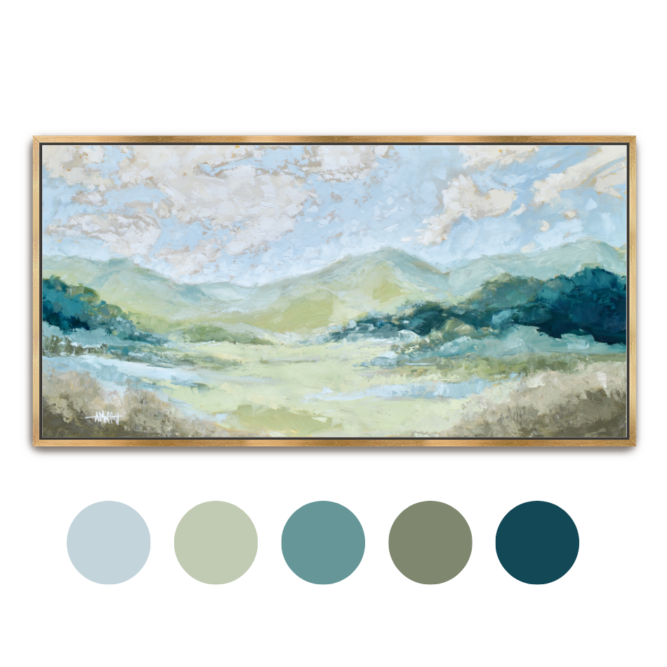 Impasto oil painting of blue and green Blue Ridge Mountains under fluffy white clouds and a soft sky.