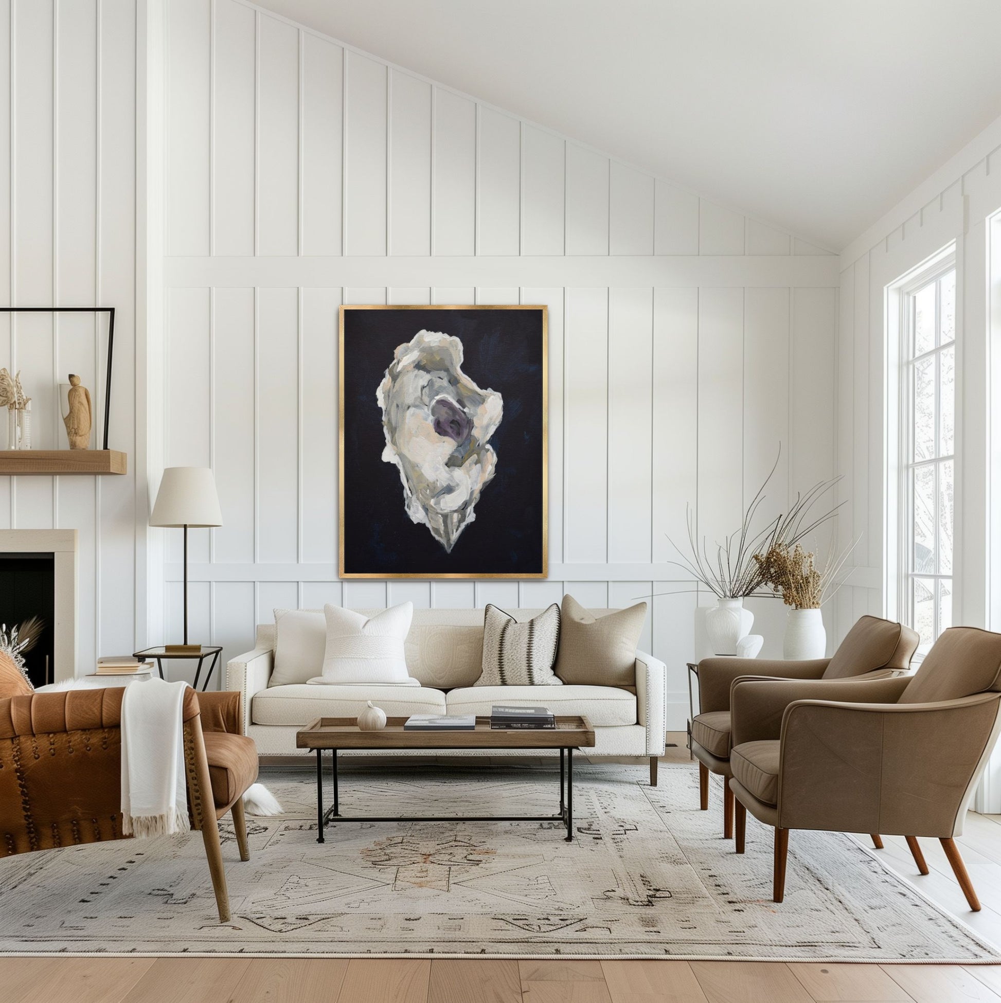 Large vertical oyster shell painting 'Indigo Oyster 3' in a gold frame, styled above a console table to demonstrate the scale and presence of this Lowcountry maritime study.