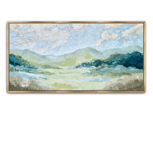 Blue and Green Mountains with Clouds impasto oil paint landscape. Loose tick textured brushstrokes capture the blue ridge mountains against puffy clouds and a light blue sky.Verdae Mountains original oil painting by April Moffatt in a custom gold floater frame.