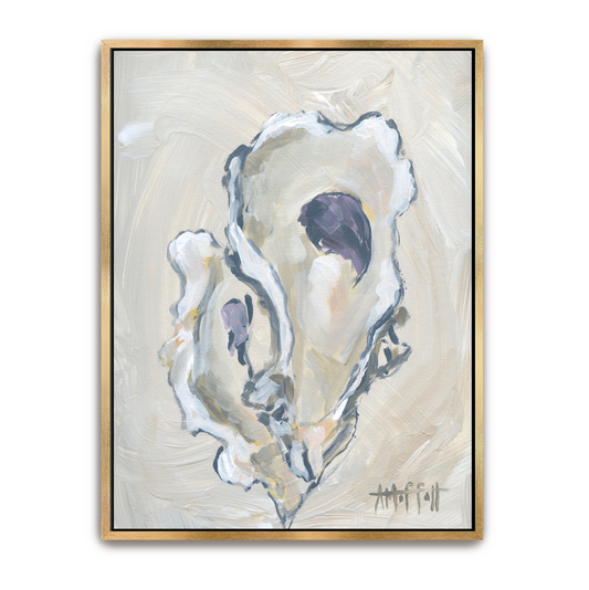 Hand-embellished neutral oyster painting 'Beige Oyster 2' in a designer gold frame, showcasing a palette of champagne, tan, and soft grey.
