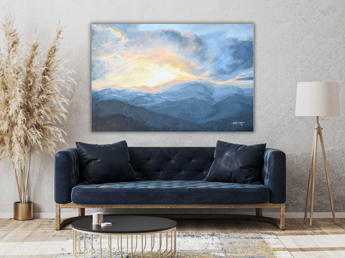 Large painting of the dramatic sunset over the blue ridge mountains oil painting