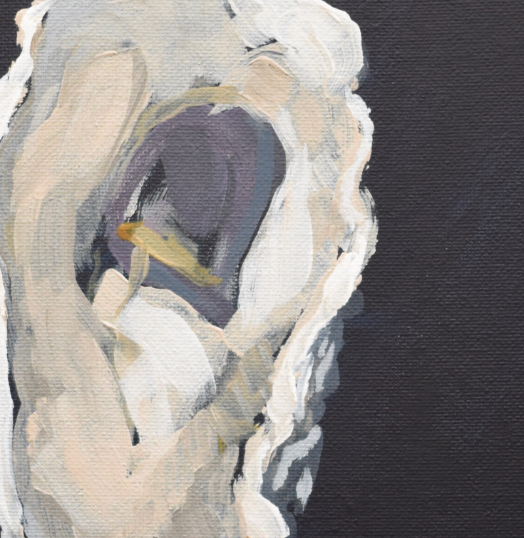 Macro view of 'Indigo Oyster 1' showing heavy palette knife work and indigo impasto texture, representing the iron-rich mud and resilient strength of the coastal oyster shell.