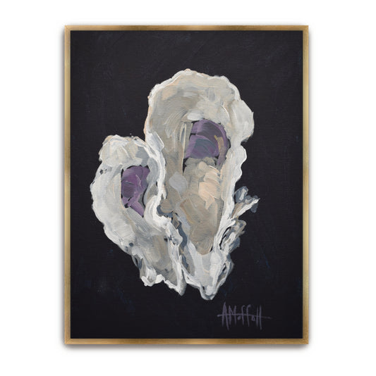 Vertical hand-embellished oyster painting 'Indigo Oyster 2' in a gold floater frame, featuring deep indigo, slate grey, and white highlights with thick palette knife texture.