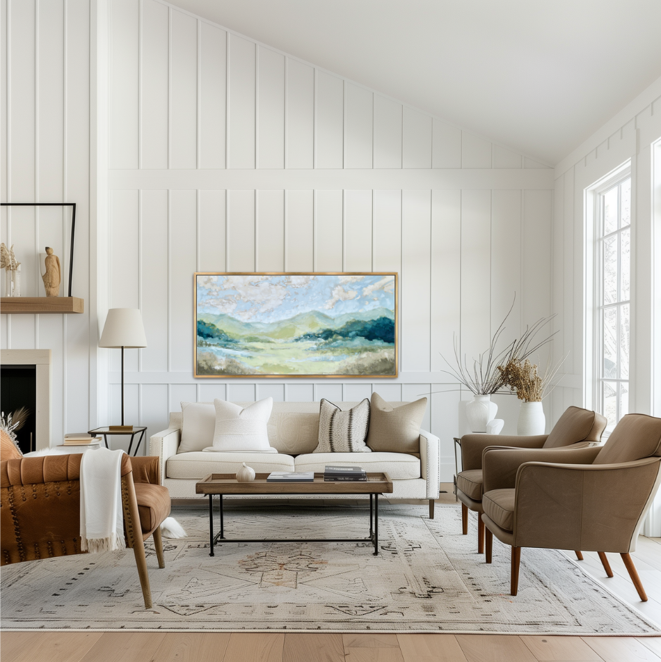 Verdae Mountains Blue Ridge oil painting styled in a gold frame inside a luxury modern living room.