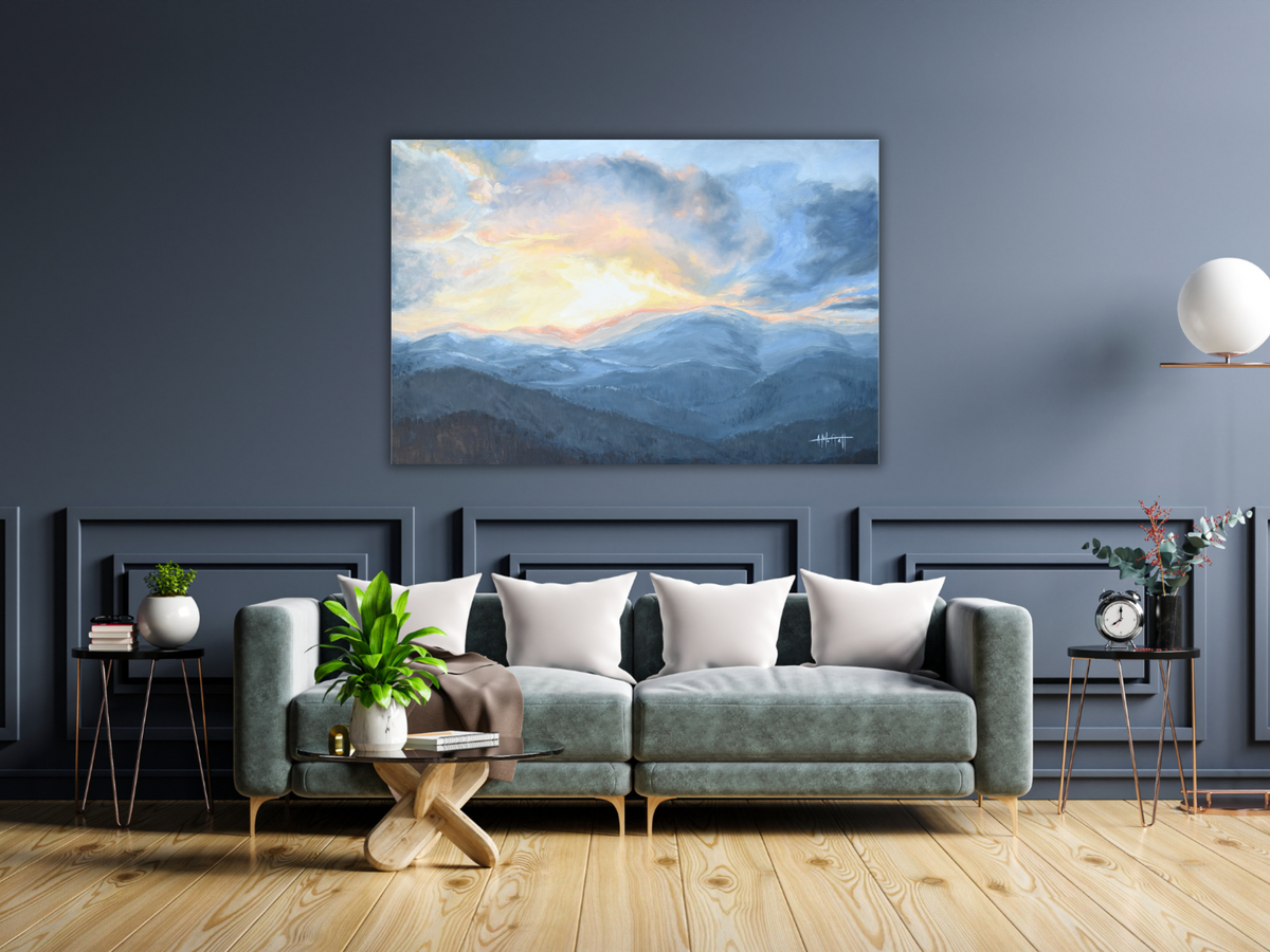 "Horizontal Appalachian sunset landscape canvas print by April Moffatt hanging in a sunlit luxury moody living room sitting area."