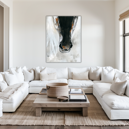 Dark Horse Muzzle – Giclée Canvas Print of Original Watercolor Horse Portrait