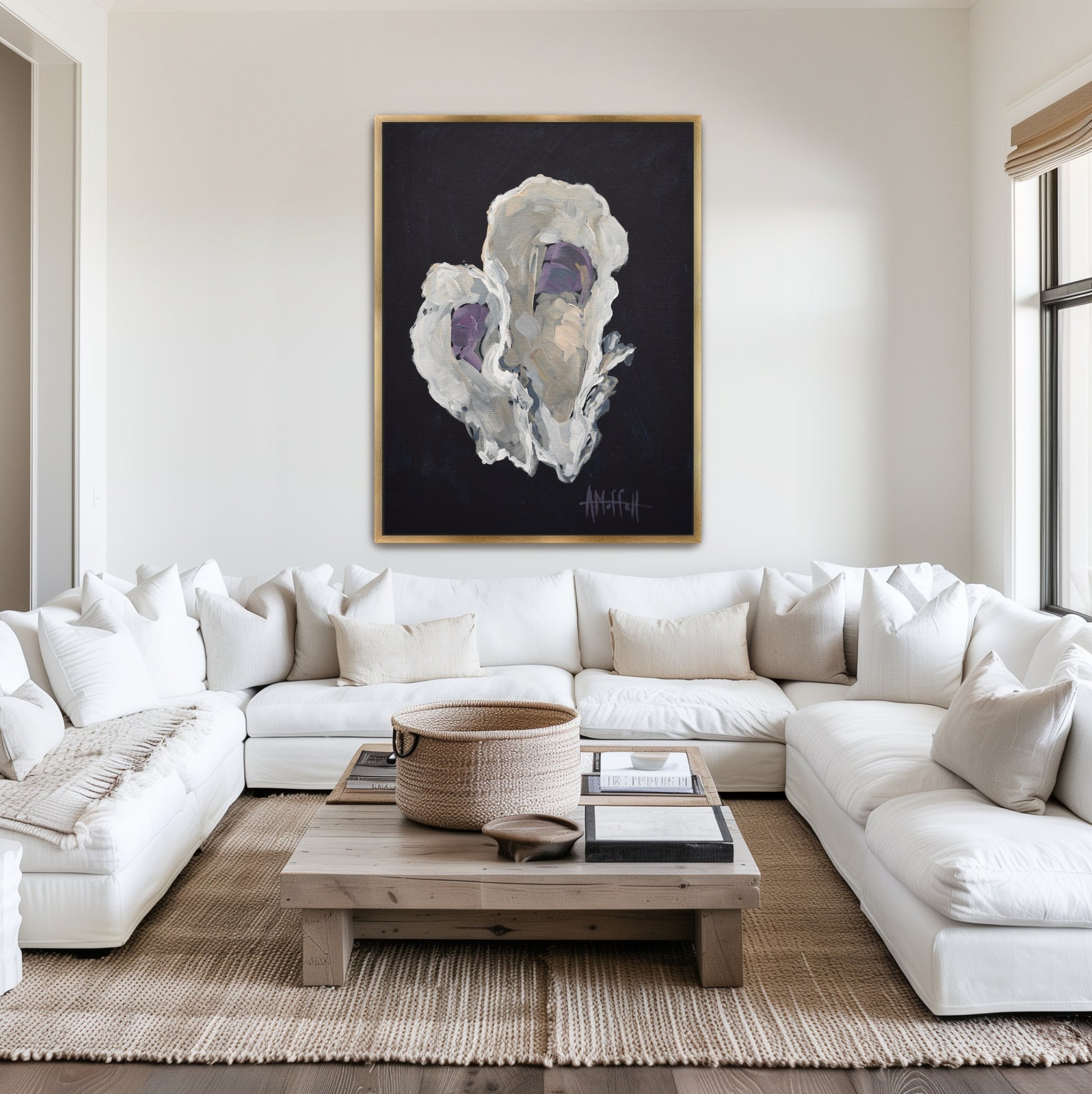 Part two of the Indigo Oyster series by April Moffatt, styled in a designer gold frame. A vertical coastal study that pairs with 'The Provider' for a luxury Lowcountry gallery wall.