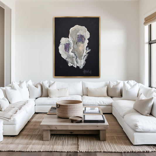 Part two of the Indigo Oyster series by April Moffatt, styled in a designer gold frame. A vertical coastal study that pairs with 'The Provider' for a luxury Lowcountry gallery wall.