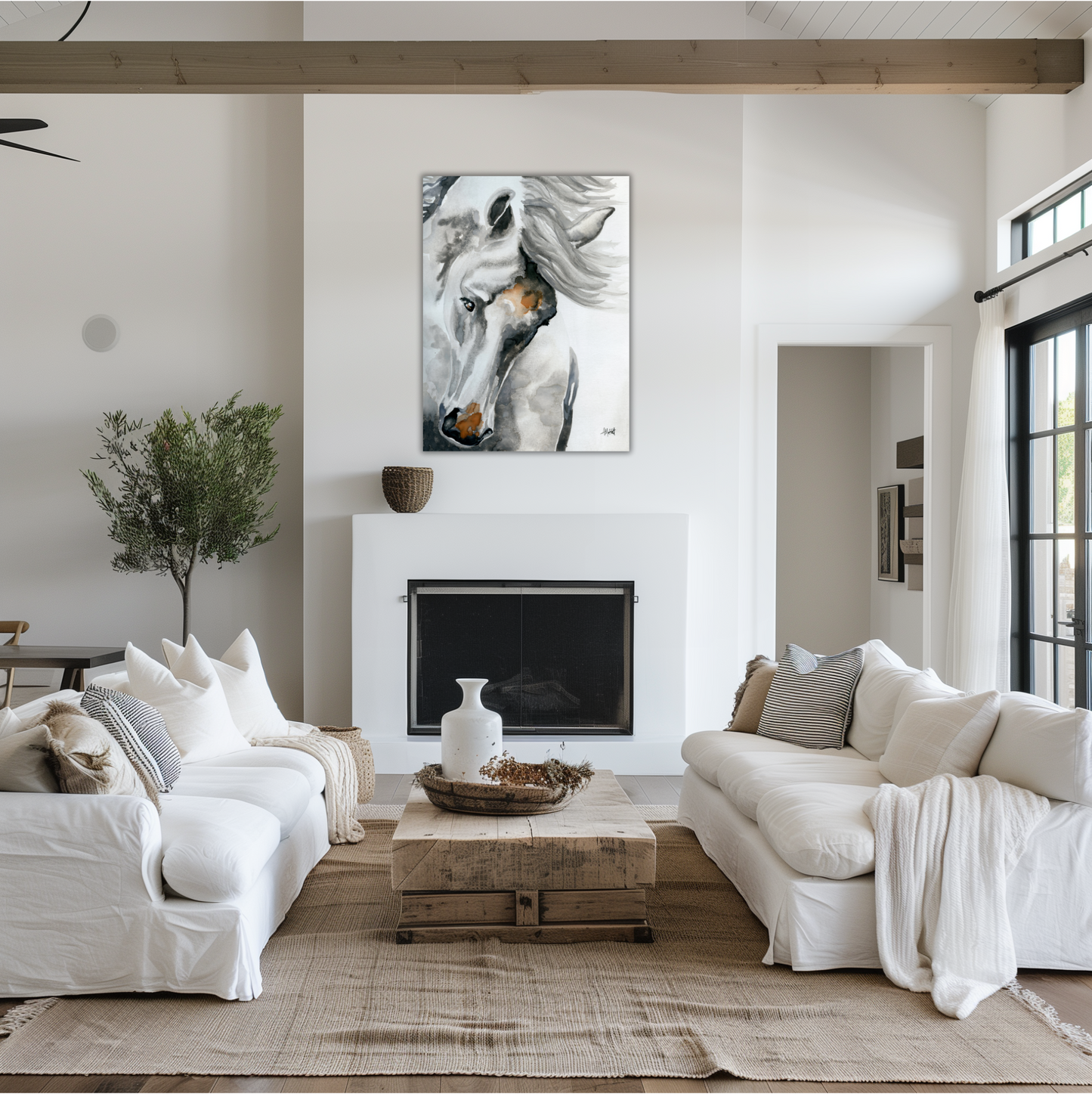 White Horse Tossing His Head – Giclée Canvas Print of Original Watercolor Horse Art