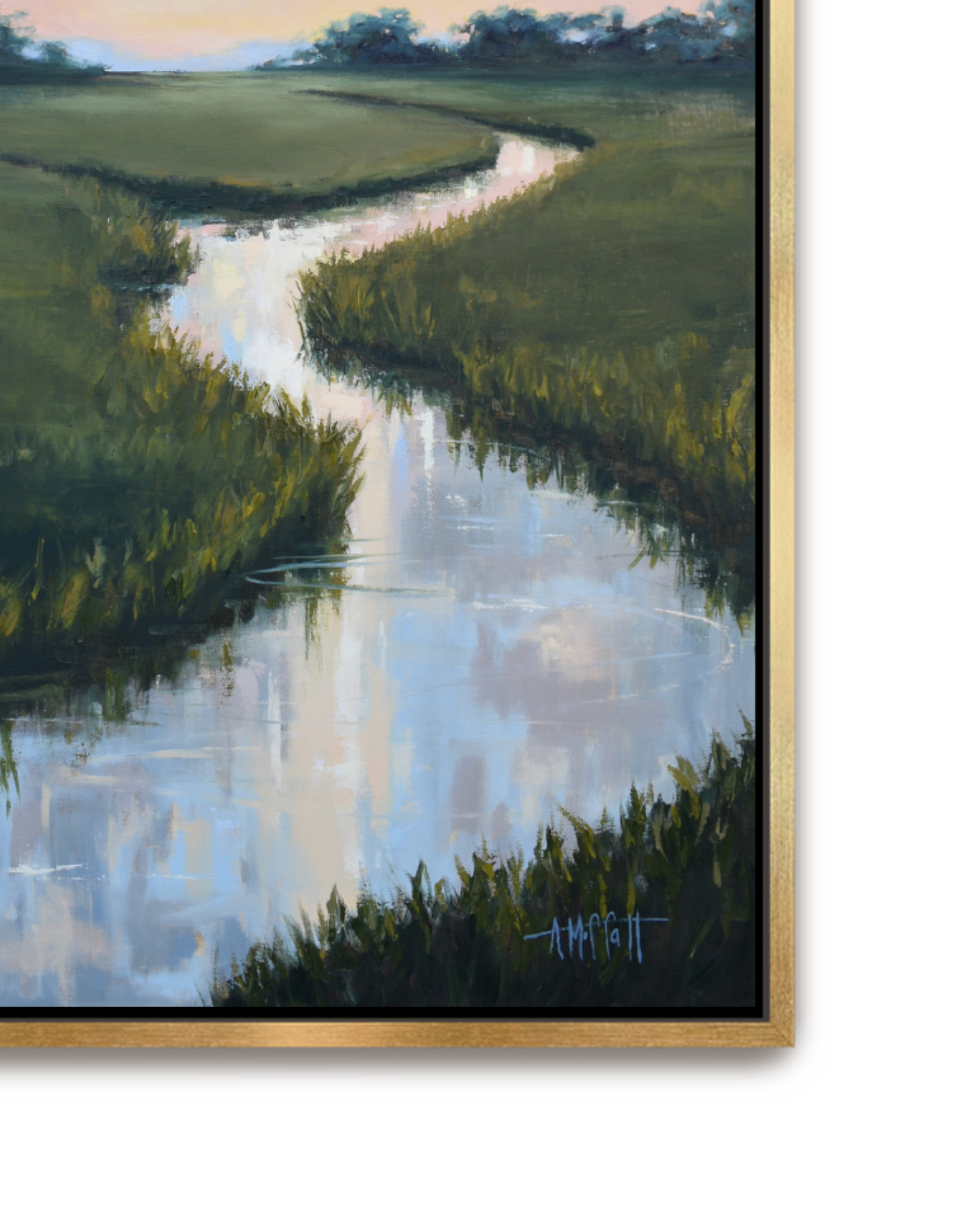 A framed landscape painting depicting a winding river reflecting the sky, bordered by green  lowcountry marshlands, with a gold frame on a white background.