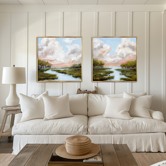 coordinating pair of square hand-embellished marsh landscapes is a tribute to the raw, ancestral beauty of the ACE Basin in the Lowcountry of South Carolina