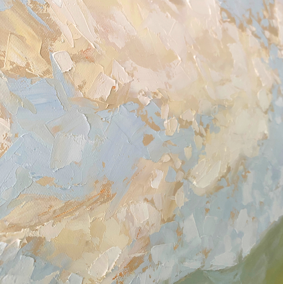 Up close texture Verdae Mountains original oil painting by April Moffatt featuring layered blue mountains and textured clouds.
