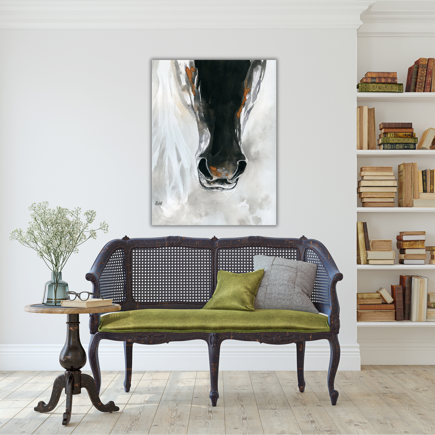 Dark Horse Muzzle – Giclée Canvas Print of Original Watercolor Horse Portrait