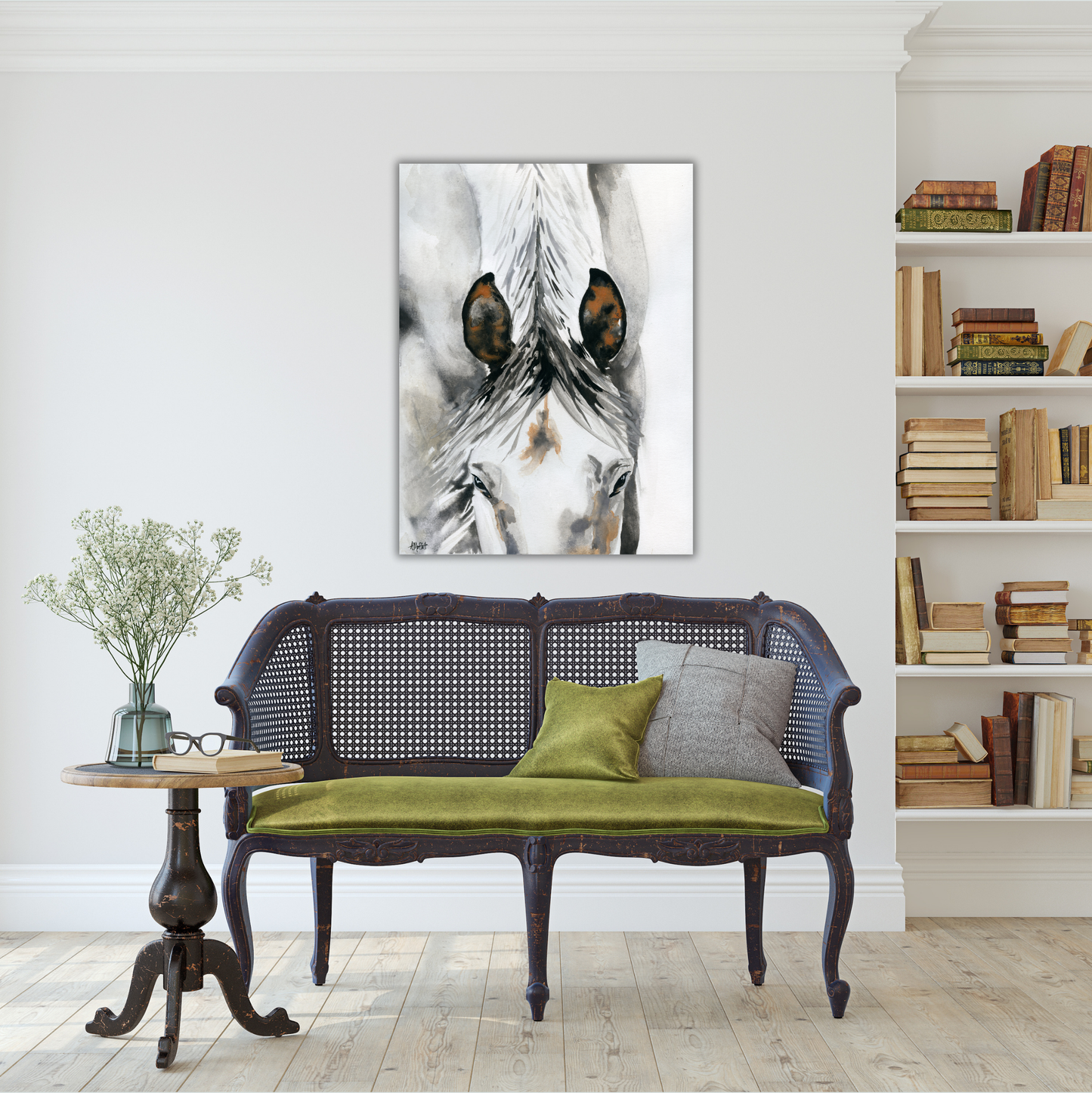 White Horse Ears – Giclée Canvas Print of Original Watercolor Equestrian Art