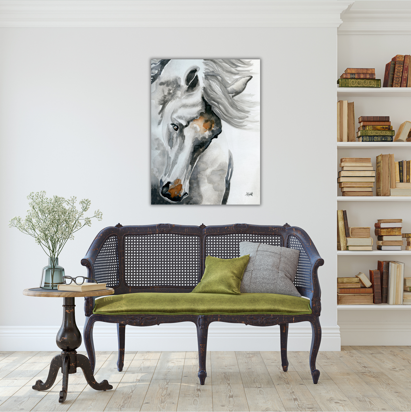 White Horse Tossing His Head – Giclée Canvas Print of Original Watercolor Horse Art