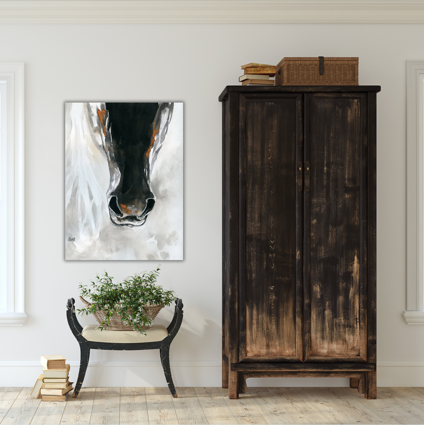 Dark Horse Muzzle – Giclée Canvas Print of Original Watercolor Horse Portrait