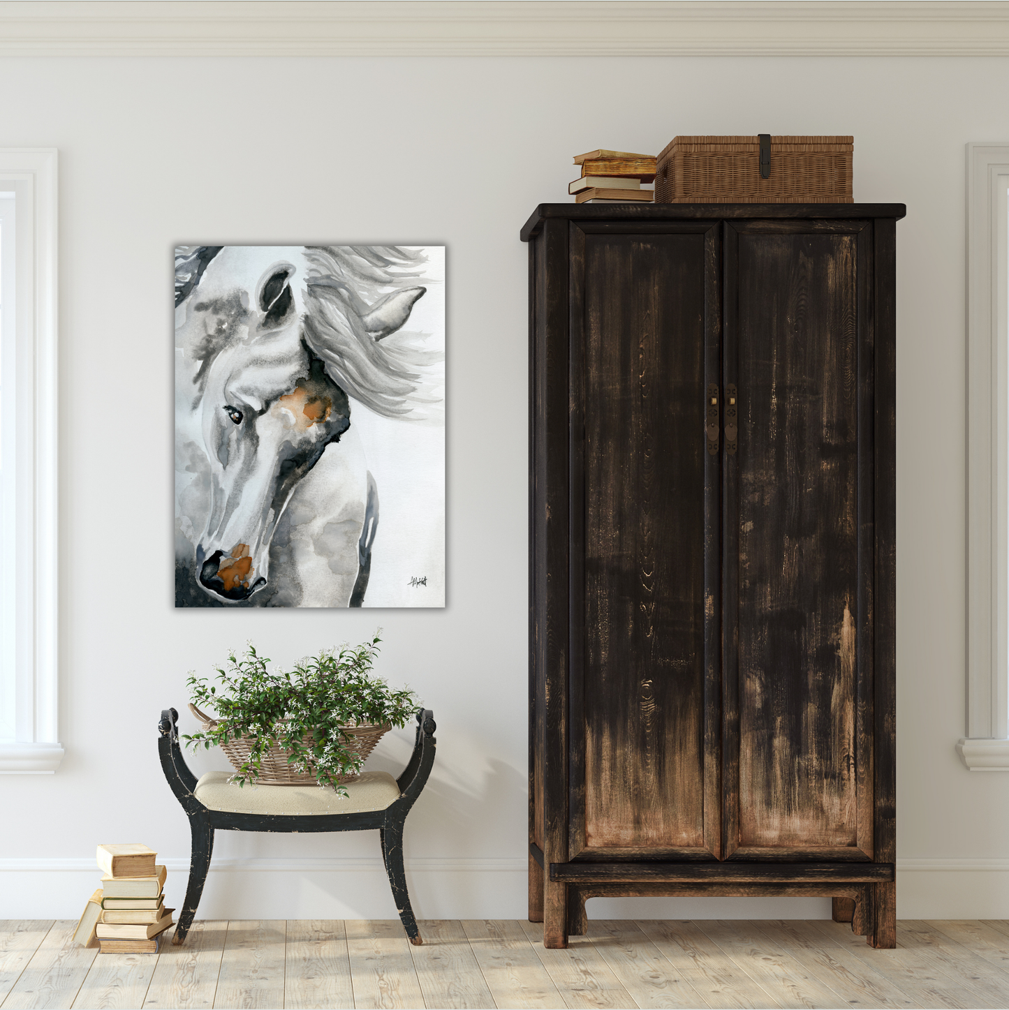 White Horse Tossing His Head – Giclée Canvas Print of Original Watercolor Horse Art