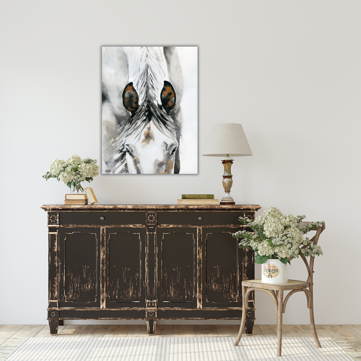 White Horse Ears – Giclée Canvas Print of Original Watercolor Equestrian Art