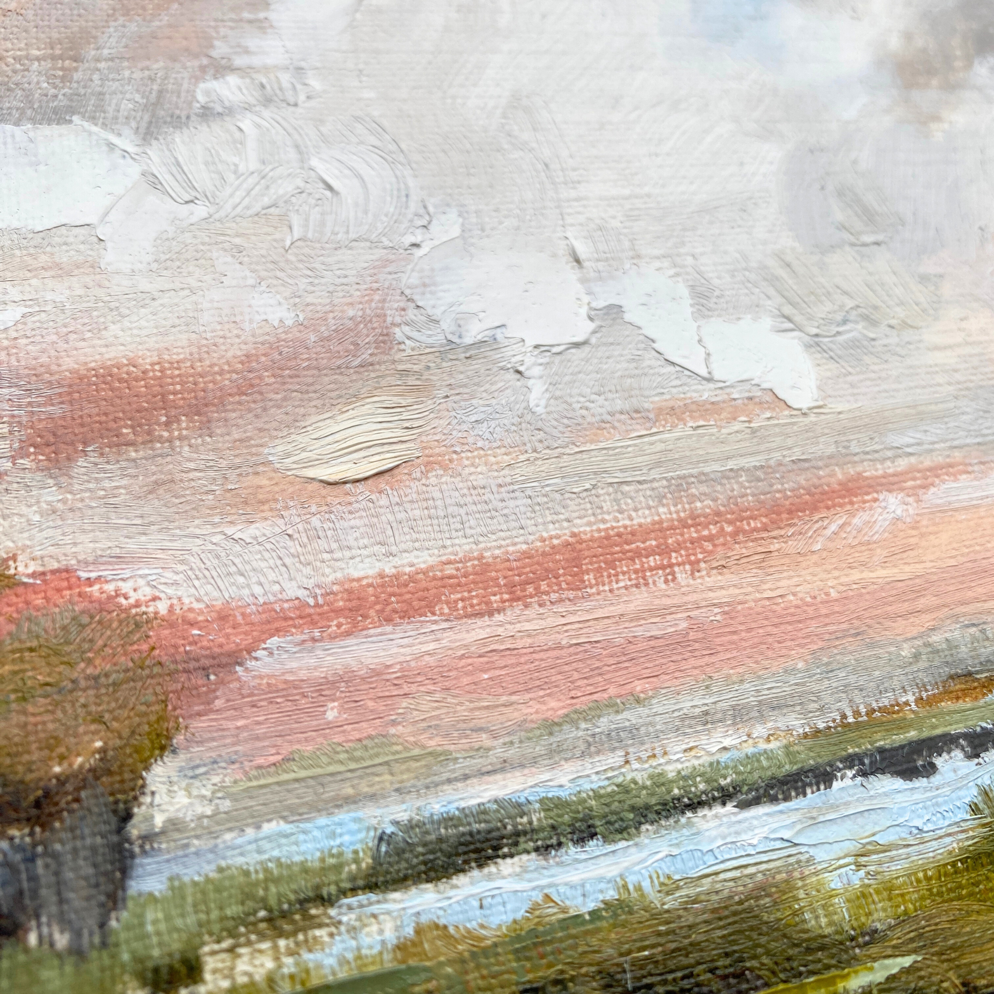A macro photography detail showing the heavy-body oil impasto on a hand-embellished canvas. The sculptural palette knife ridges create physical depth and catch the light, highlighting the artist's signature impressionist technique and tactile paint application.