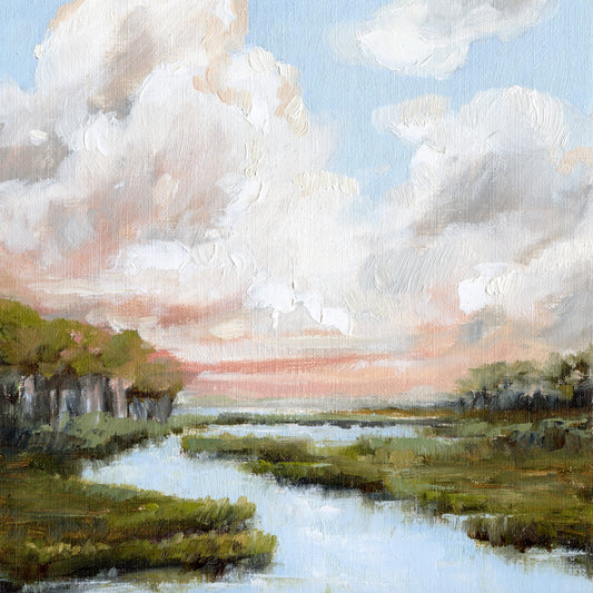 Individual square oil painting of an ACE Basin tidal creek. The hand-embellished landscape features luminous periwinkle blue water, marsh grass reflections, and thick impasto texture, professionally framed in a 1.5-inch gold floater frame for a luxury coastal aesthetic.