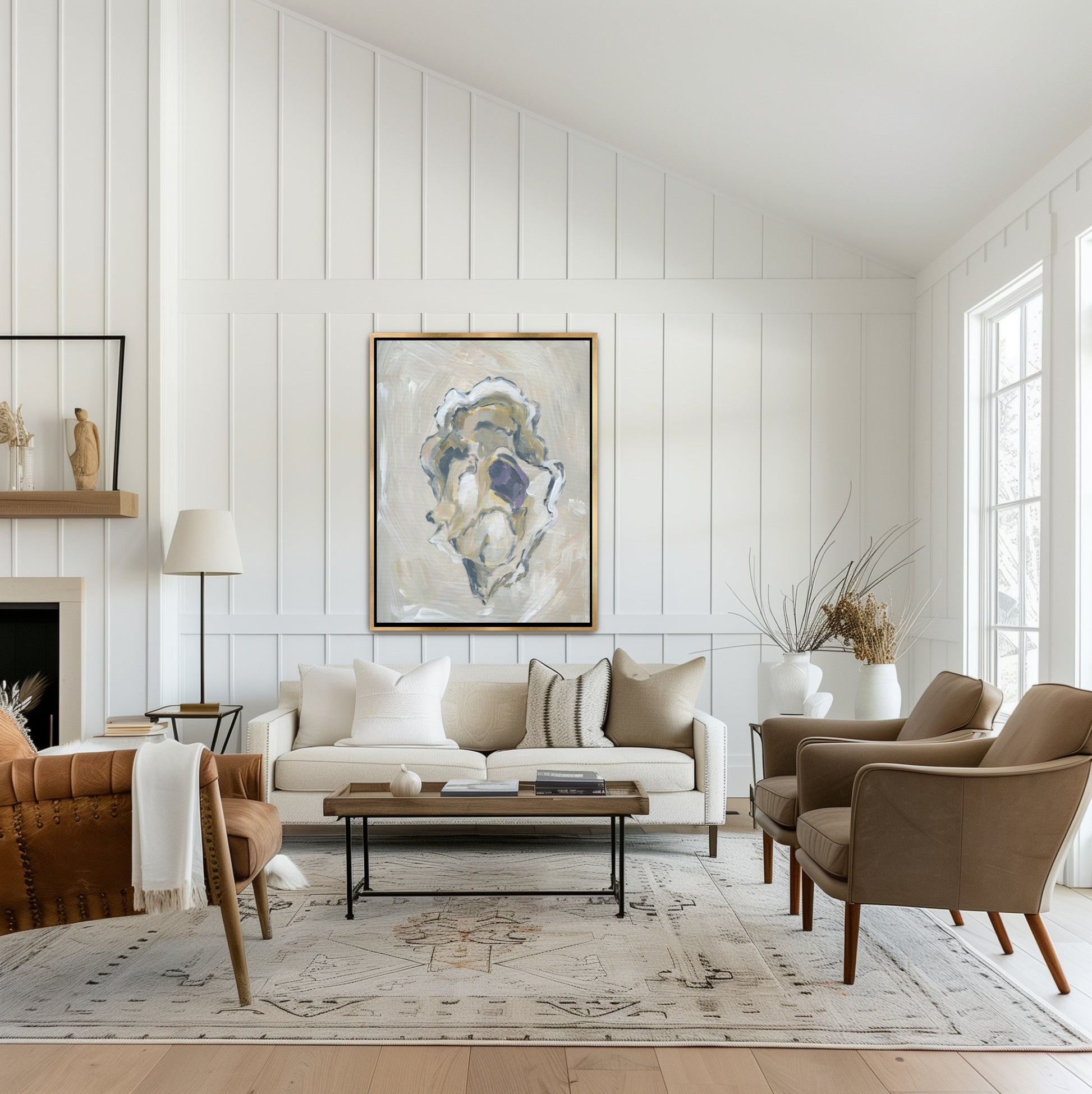 Neutral maritime art 'Beige Oyster 3' in a gold frame, providing a tactile and sophisticated focal point for a beach house entryway.
