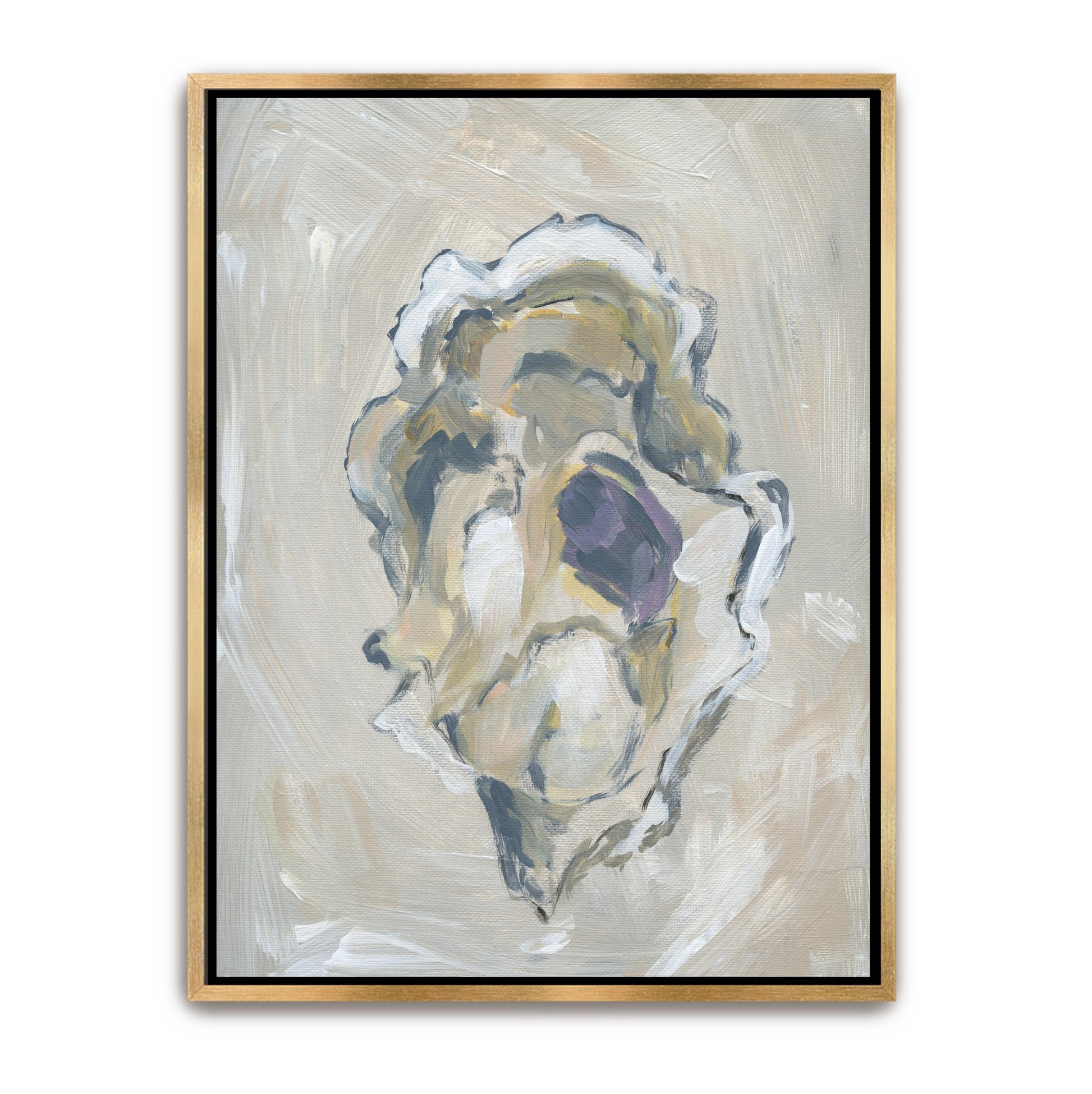 Vertical coastal art 'Beige Oyster 3' in a gold floater frame, featuring warm neutral tones, soft shadows, and luminous hand-painted highlights.