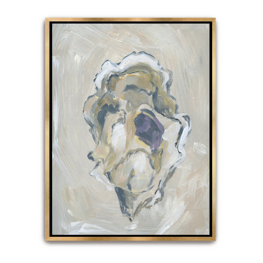 Vertical coastal art 'Beige Oyster 3' in a gold floater frame, featuring warm neutral tones, soft shadows, and luminous hand-painted highlights.