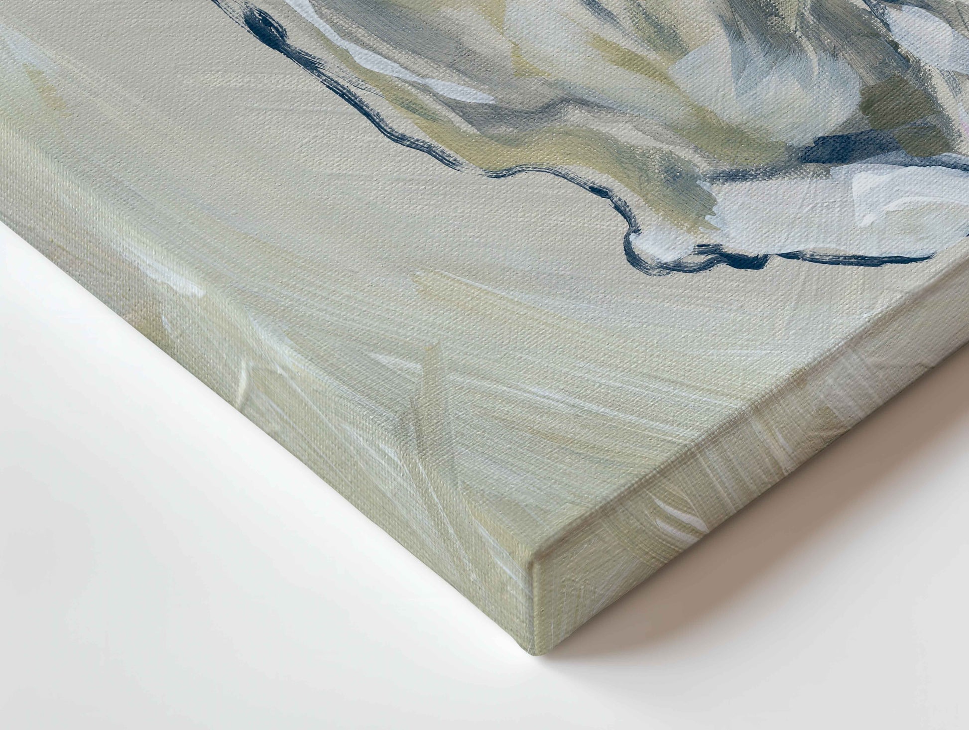 Close-up of a canvas gallery-wrapped wall art print showing an abstract painted design with textured brushstrokes in off-white, beige, gray, and dark blue-gray.