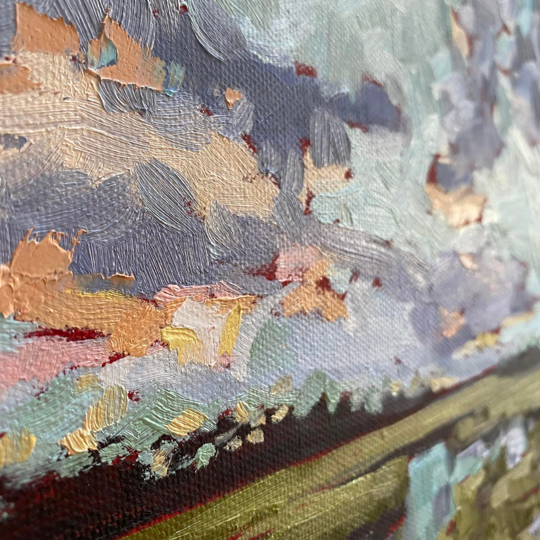 Close-up of an impressionistic landscape painting showing textured brushstrokes in muted blue-gray, beige, green, gold, and touches of red.