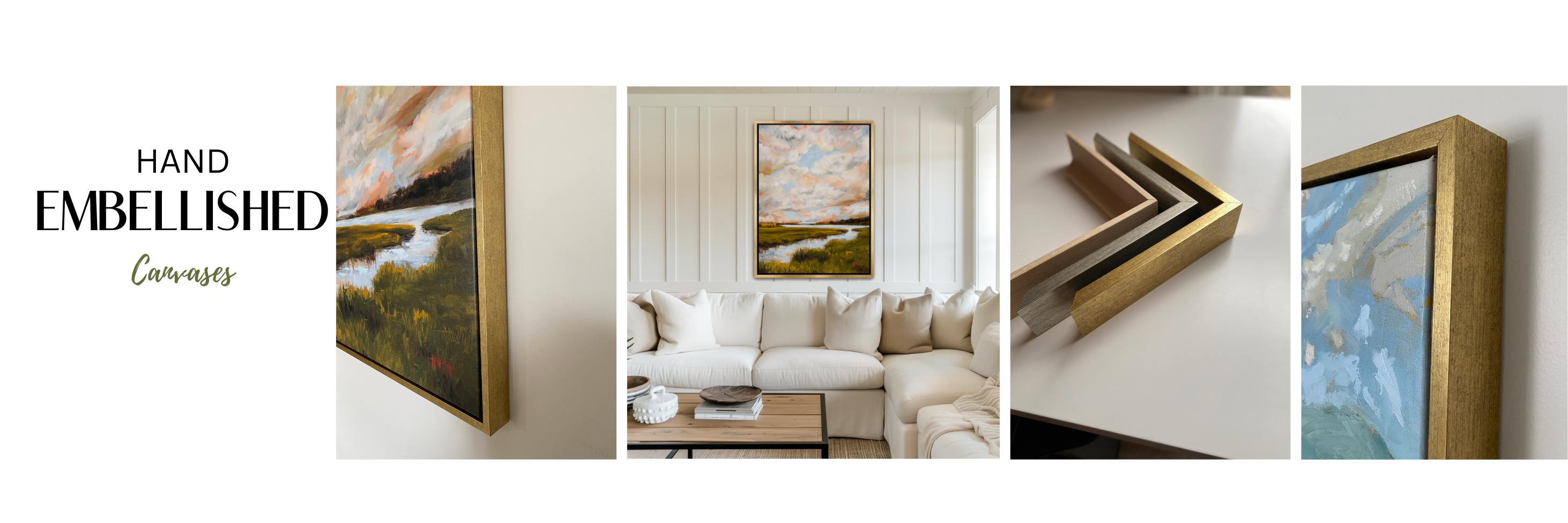 gold floater frames around hand embellished oil lowcountry landscape paintings