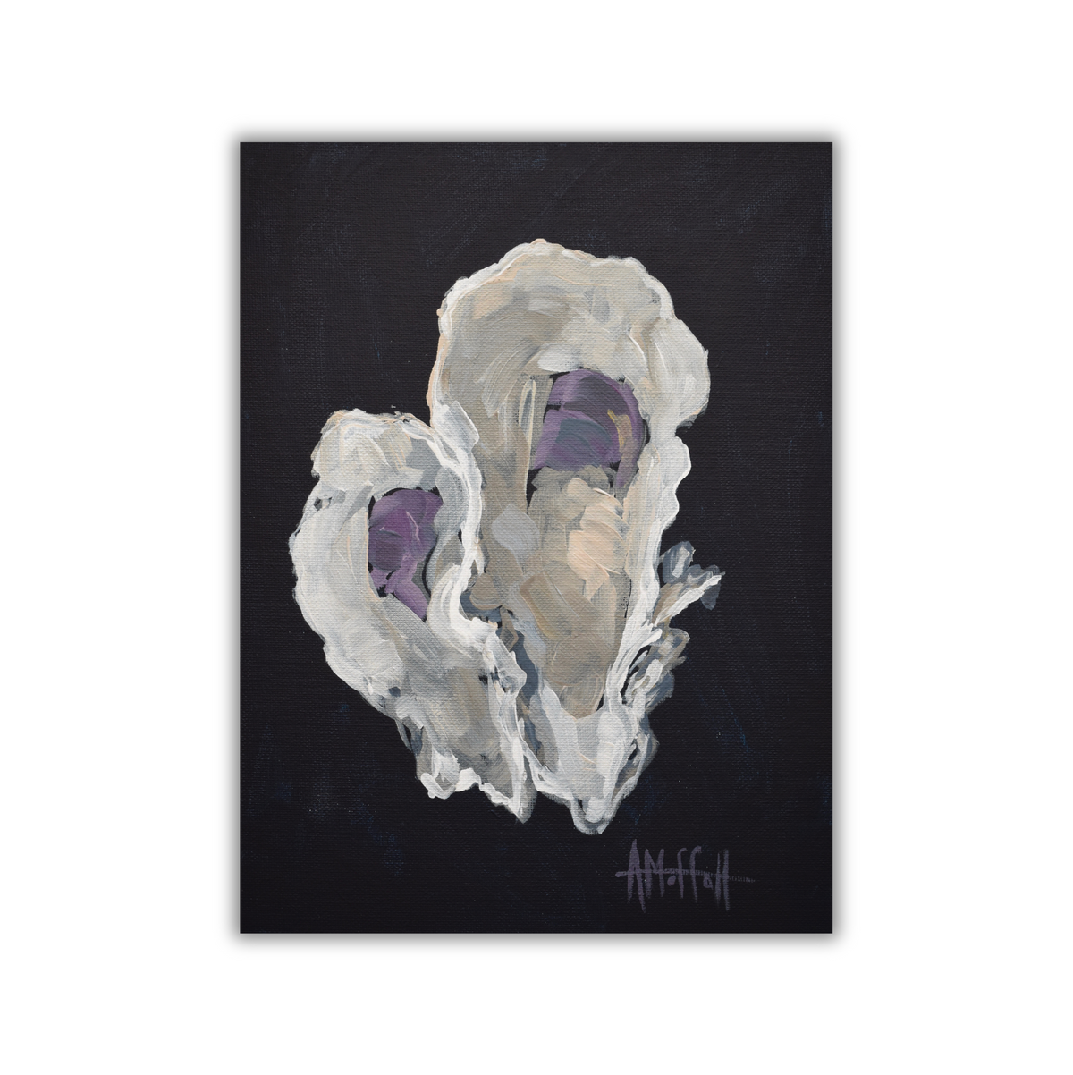 loose impressionists brushstrokes paint a gray and beige oyster against a deep indigo background. A pop of purple is in the center of the oyster