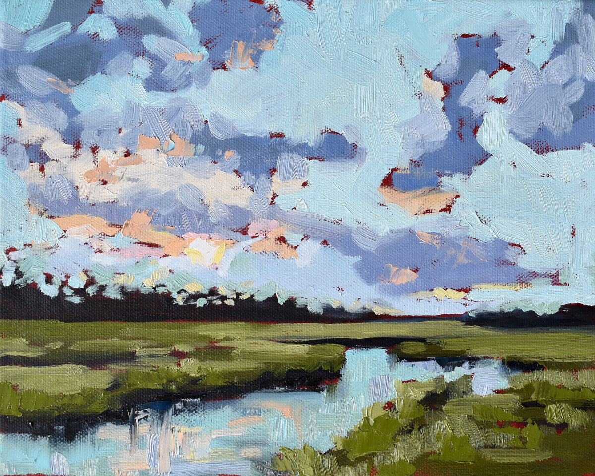 "Coastal Georgia landscape art of the Jekyll Island marshes featuring olive green textures and visible brushwork, framed in gold and hung in a bright family room."