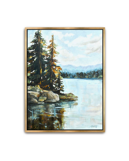Impressionist painting of a mountain lake with the clouds and sky reflected in the blue water