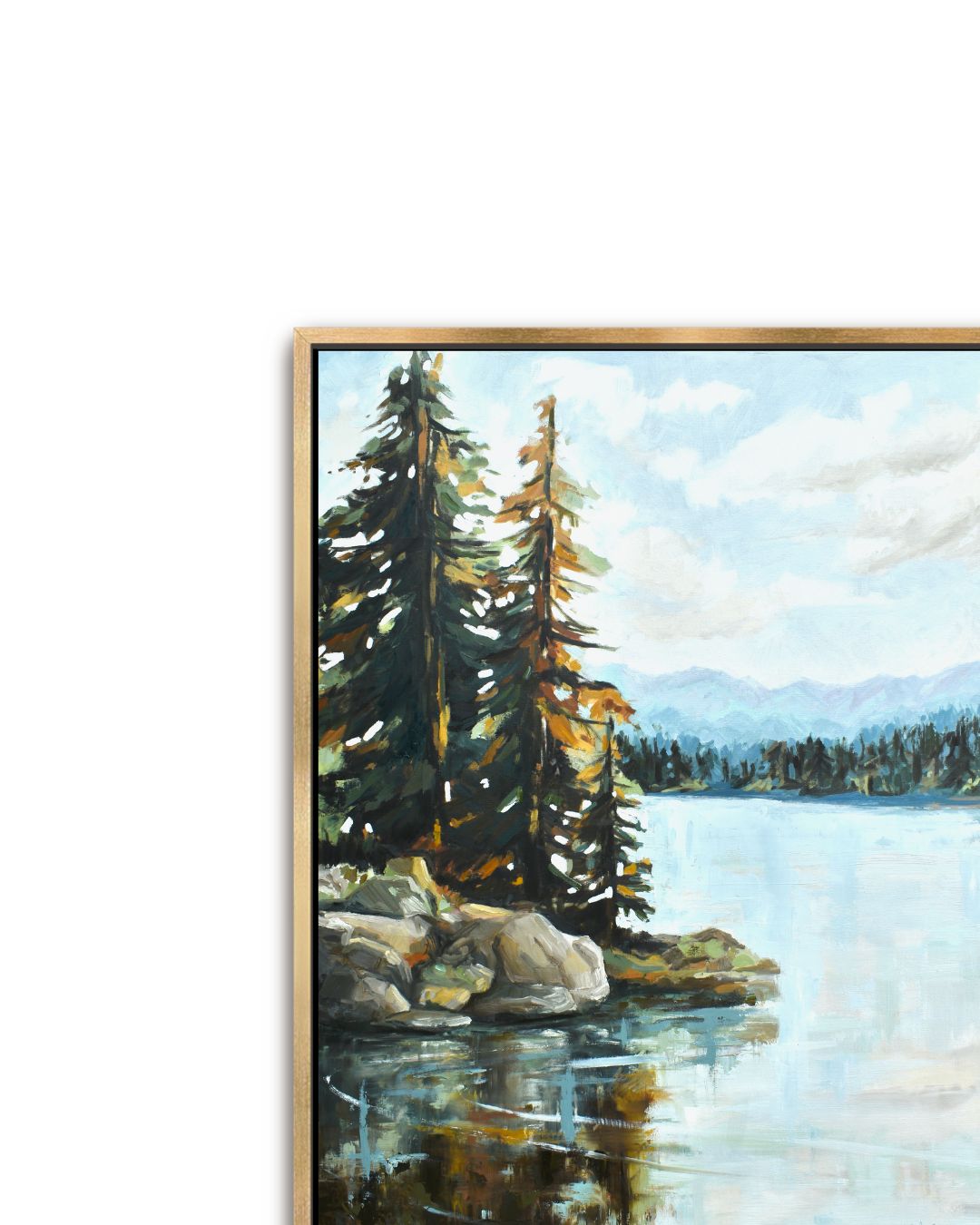 Close up view of Lake Life painting's texture and brushstrokes on the canvas