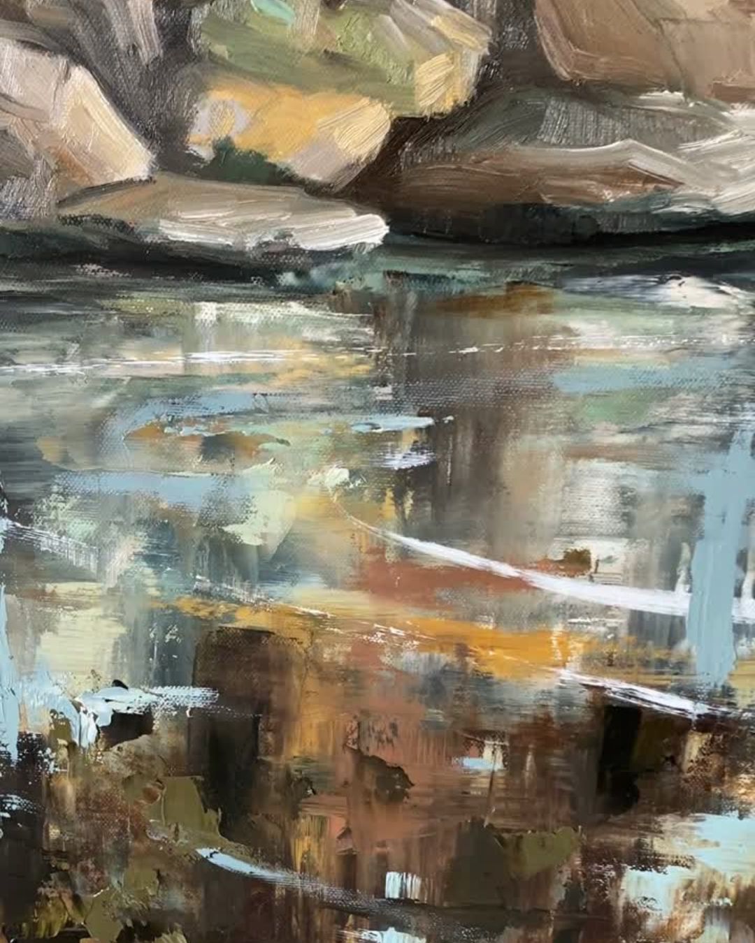 An abstract landscape painting depicting a rocky shoreline with water reflections, rendered in textured impasto brushstrokes of brown, beige, gray, blue, and white.