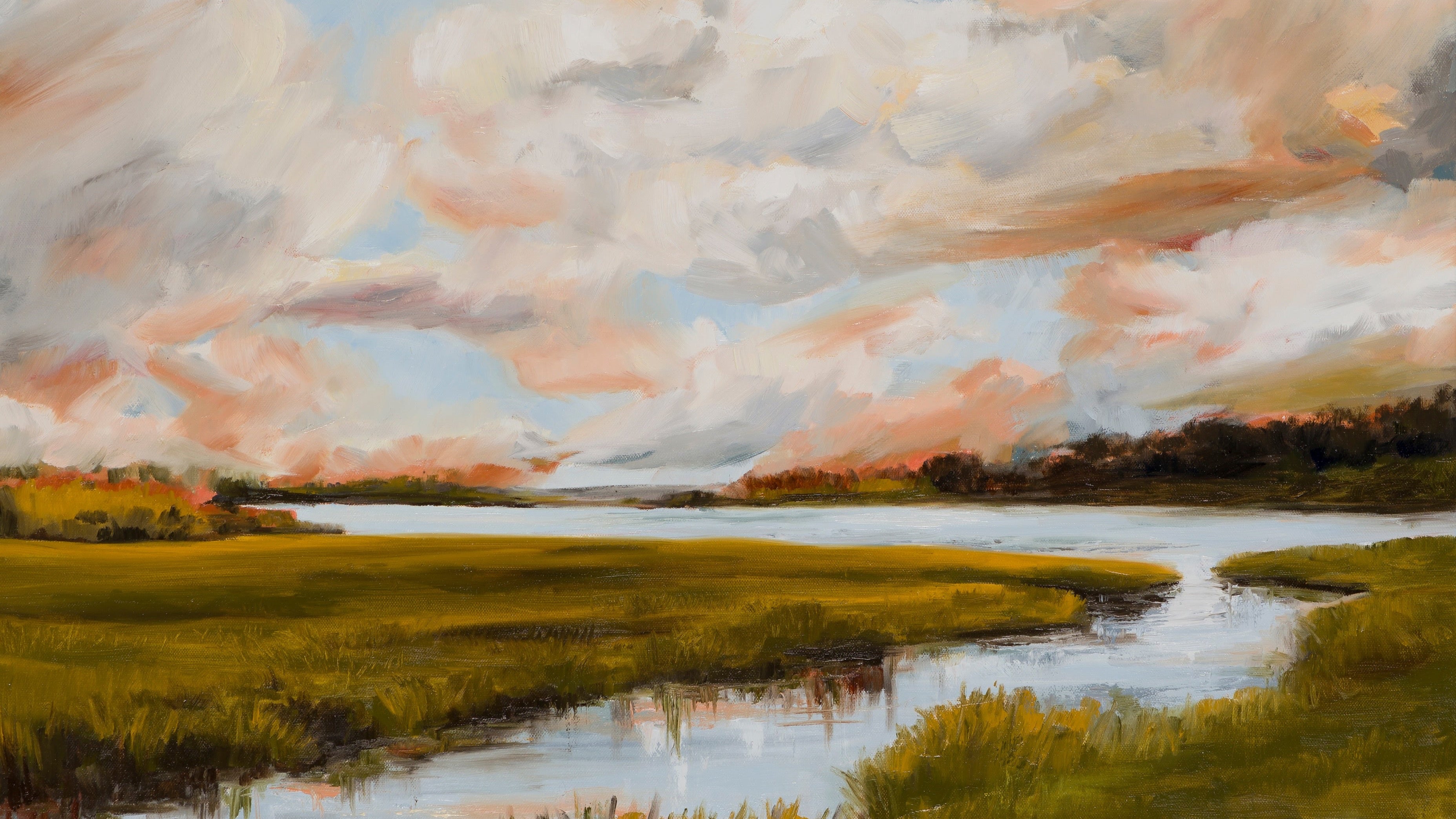 Painting of a low country tidal creek marsh and large puffy clouds in warm colors.