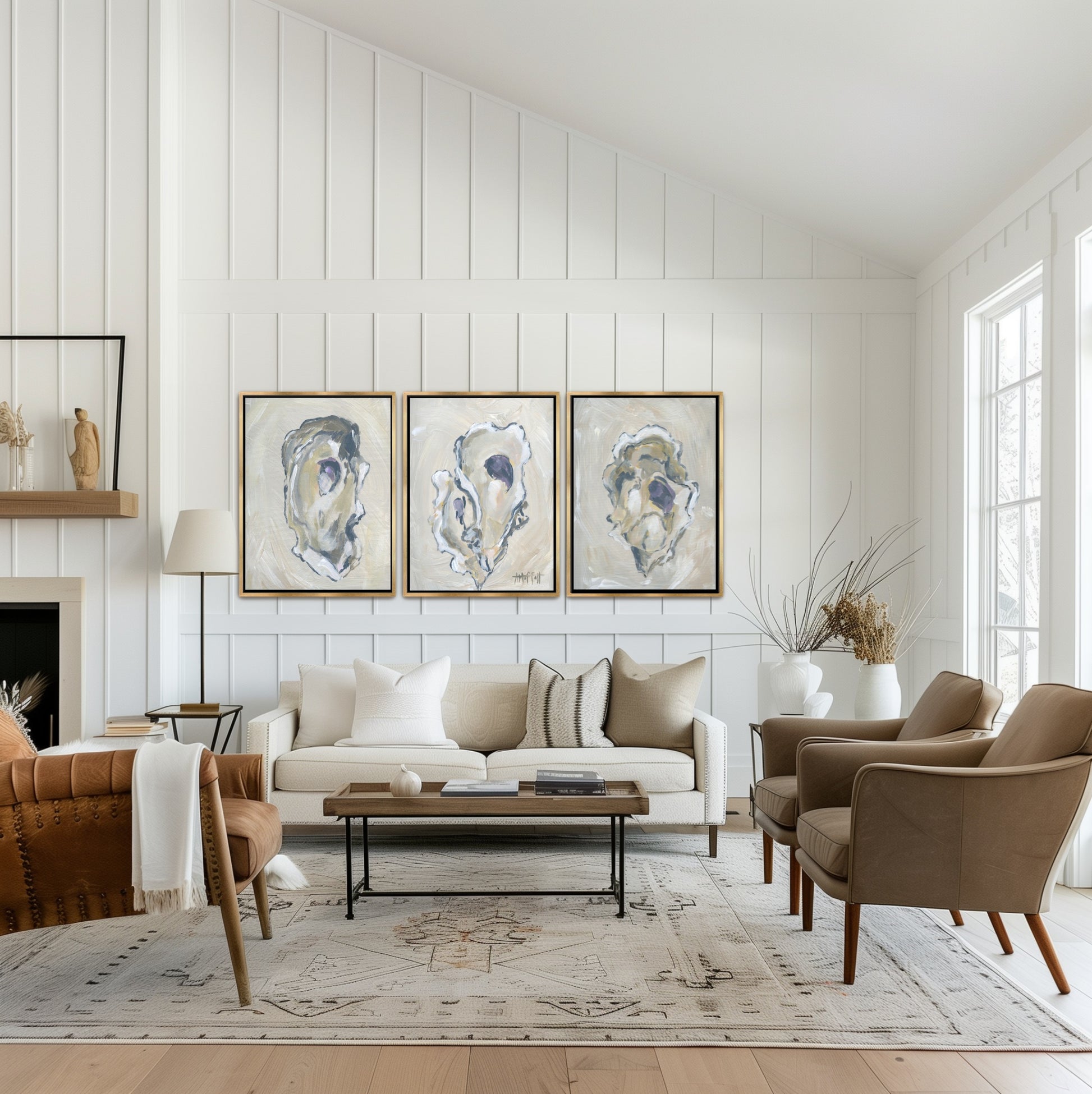 Complete set of three neutral oyster paintings in gold frames, styled as a vertical triptych. A cohesive 'Beige Oyster Series' featuring cream, sand, and oatmeal textures for a large wall.