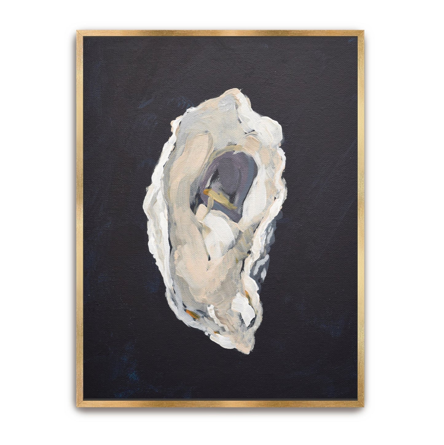 Vertical oyster shell painting 'Indigo Oyster 1: The Provider' in a gold floater frame, featuring deep indigo, mineral grey, and palette knife textures inspired by South Carolina pluff mud.