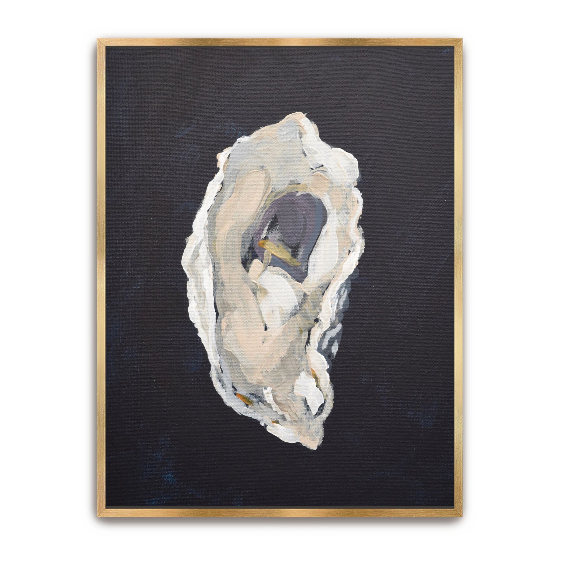 Vertical oyster shell painting 'Indigo Oyster 1: The Provider' in a gold floater frame, featuring deep indigo, mineral grey, and palette knife textures inspired by South Carolina pluff mud.