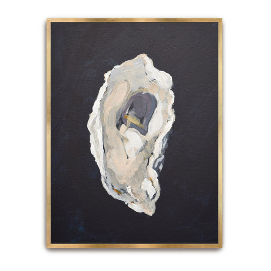 Vertical oyster shell painting 'Indigo Oyster 1: The Provider' in a gold floater frame, featuring deep indigo, mineral grey, and palette knife textures inspired by South Carolina pluff mud.