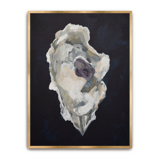 ertical oyster shell painting 'Indigo Oyster 3' in a gold floater frame, featuring deep indigo and slate grey palette knife textures with luminous white highlights.