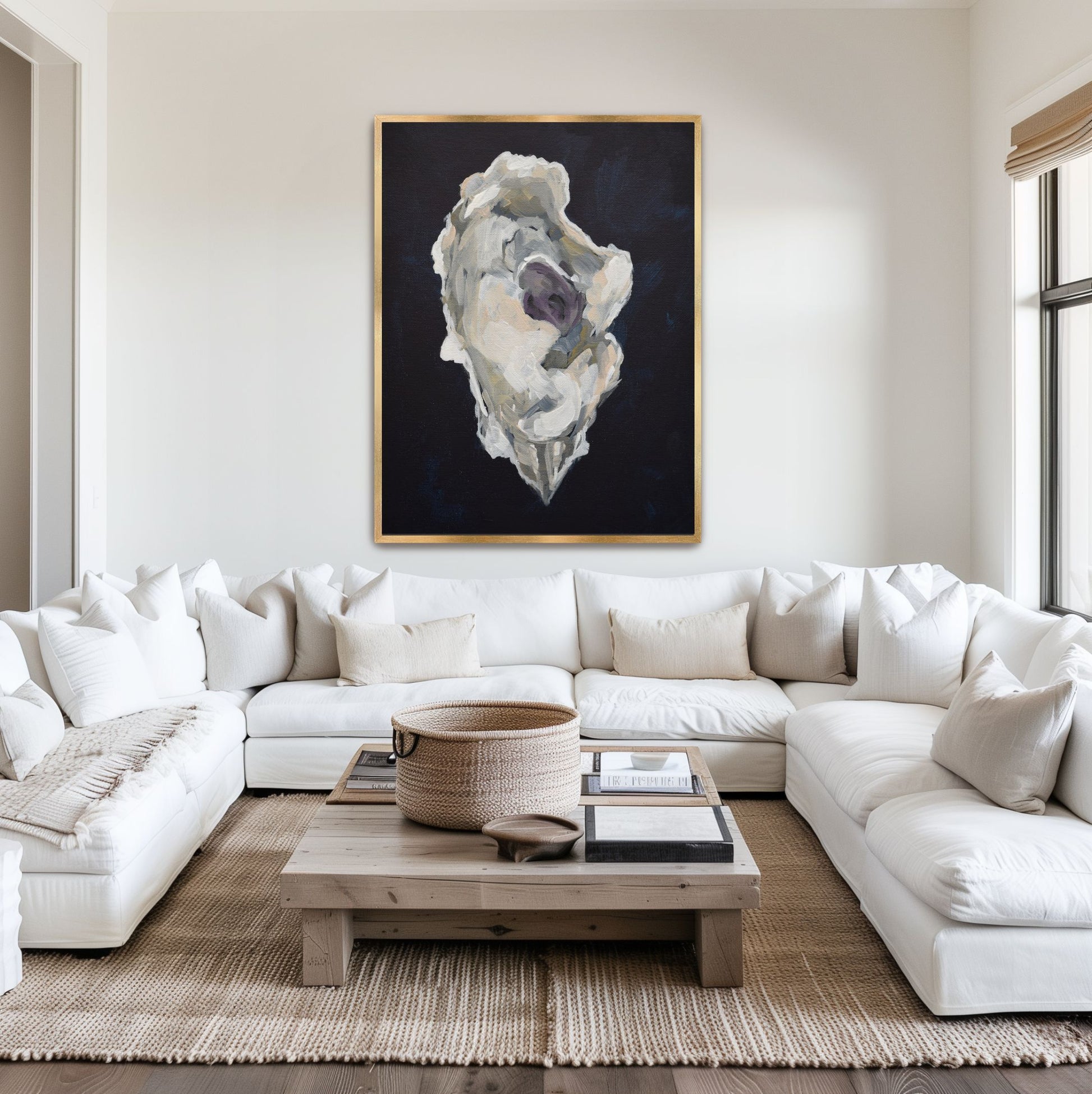 Sophisticated indigo oyster shell art 'Indigo Oyster 3' in a gold frame, styled in a modern coastal hallway to create a sense of South Carolina maritime heritage.